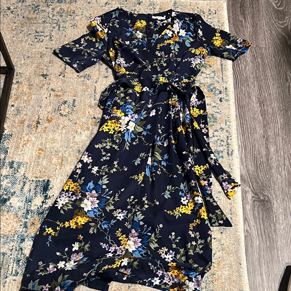 Warehouse Dark Blue Floral Wrap Midi Dress